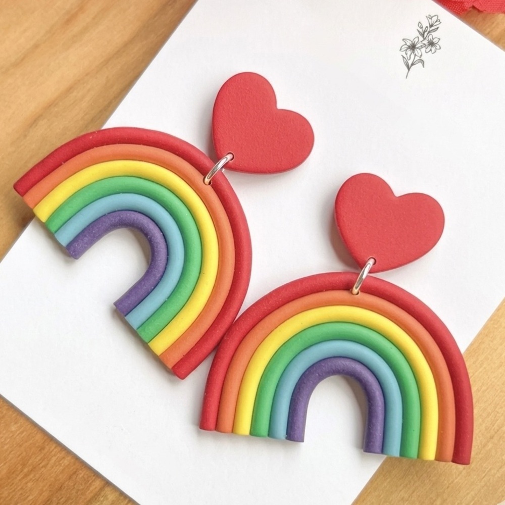 Rainbow Heart Dangle Studs - Handmade Earrings - Red & Multicolor
